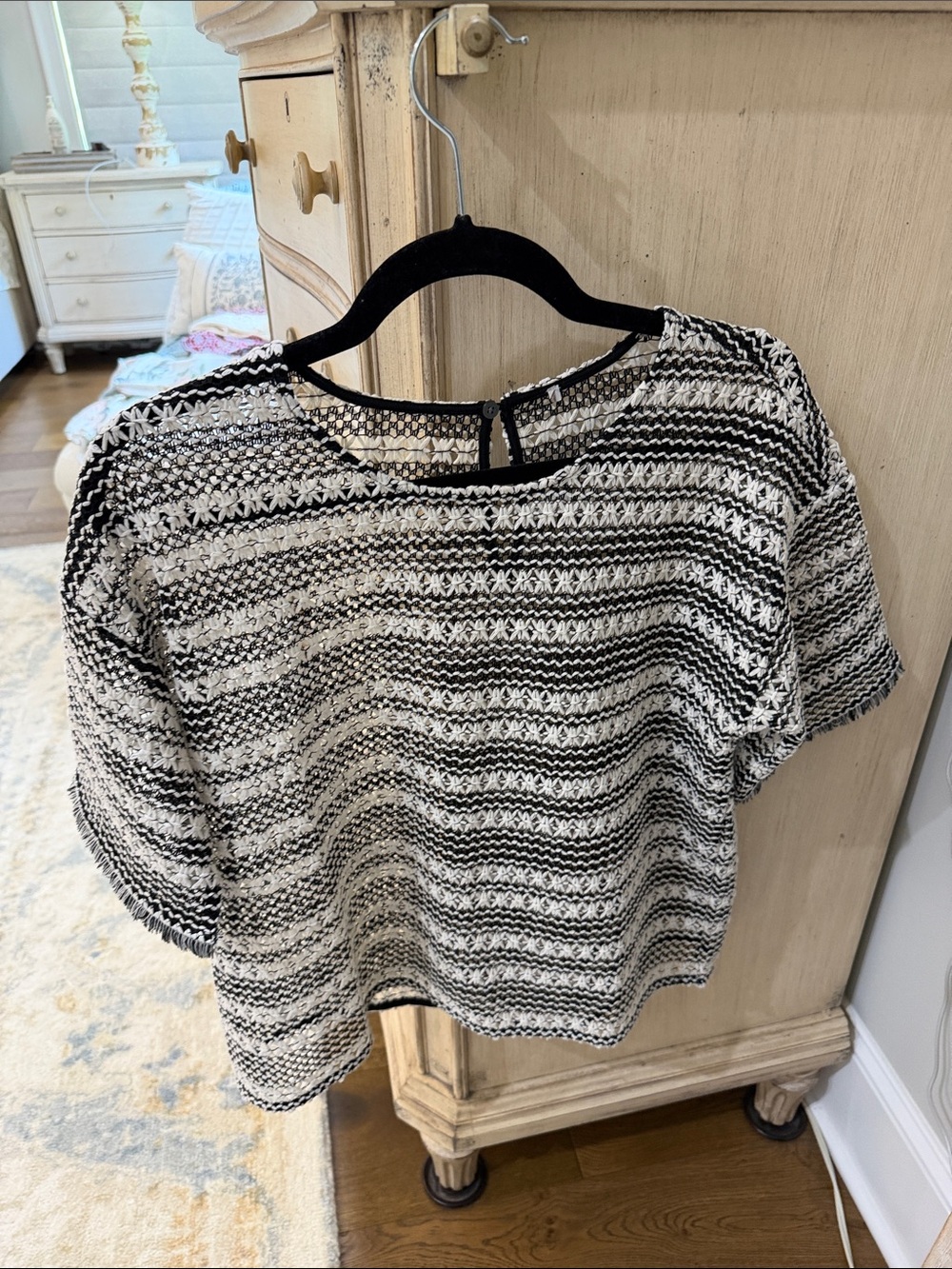 LOFT Black and White Striped Crochet Knit Top